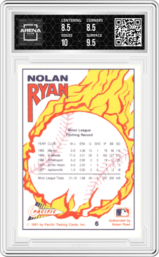 Nolan Ryan from the 1991 Pacific Nolan Ryan Texas Express I set graded by Arena Club and given an overall grade of 9.