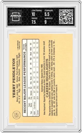 Terry Pendleton from the 1985 Donruss set graded by Arena Club and given an overall grade of 6.