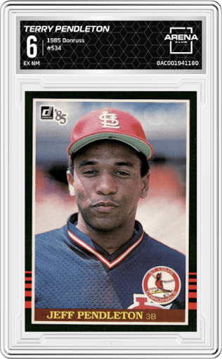 Terry Pendleton from the 1985 Donruss set graded by Arena Club and given an overall grade of 6.