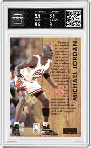 Michael Jordan from the 1993-94 Fleer Ultra set graded by Arena Club and given an overall grade of 9.