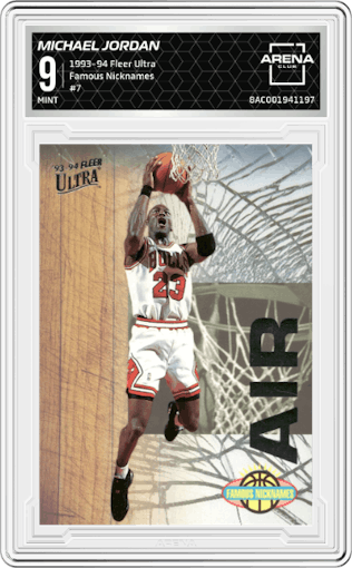 Michael Jordan from the 1993-94 Fleer Ultra set graded by Arena Club and given an overall grade of 9.