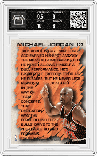 Michael Jordan from the 1996-97 Fleer set graded by Arena Club and given an overall grade of 8.5.