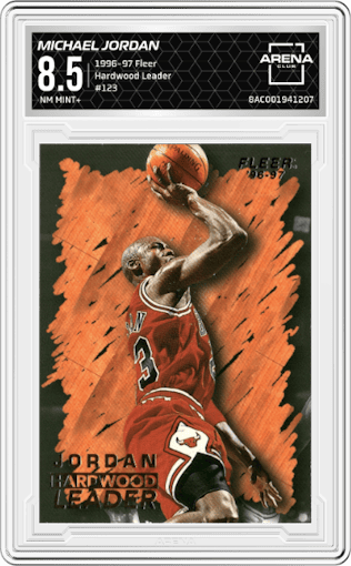 Michael Jordan from the 1996-97 Fleer set graded by Arena Club and given an overall grade of 8.5.