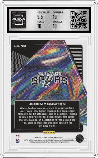 Jeremy Sochan from the 2022-23 Panini Recon set graded by Arena Club and given an overall grade of 10.