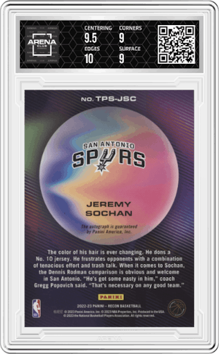 Jeremy Sochan from the 2022-23 Panini Recon set graded by Arena Club and given an overall grade of 9.5.