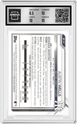 Austin Wells from the 2021 Bowman set graded by Arena Club and given an overall grade of 10.