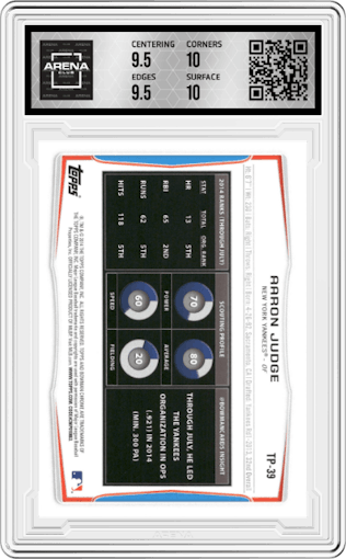 Aaron Judge from the 2014 Bowman Draft  set graded by Arena Club and given an overall grade of 10.