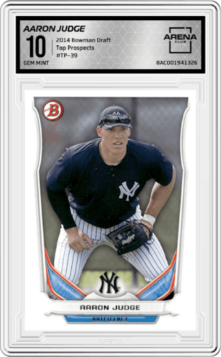 Aaron Judge from the 2014 Bowman Draft  set graded by Arena Club and given an overall grade of 10.
