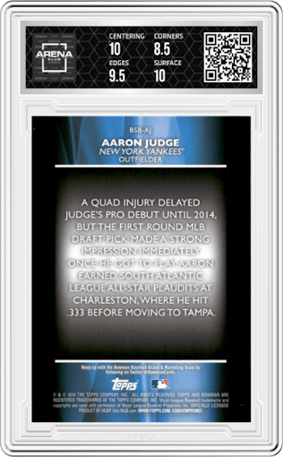 Aaron Judge from the 2014 Bowman Draft  set graded by Arena Club and given an overall grade of 9.