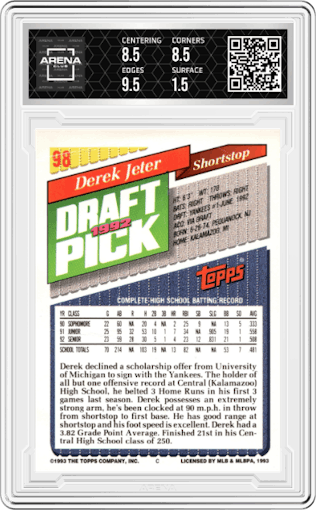 Derek Jeter from the 1993 Topps set graded by Arena Club and given an overall grade of 2.