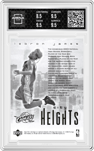 LeBron James from the 2003 Upper Deck LeBron James City Heights set graded by Arena Club and given an overall grade of 9.