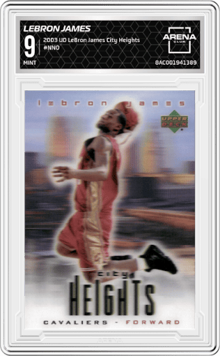 LeBron James from the 2003 Upper Deck LeBron James City Heights set graded by Arena Club and given an overall grade of 9.