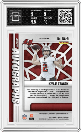 Kyle Trask from the 2021 Panini Mosaic set featuring a Choice Fusion Red & Yellow parallel graded by Arena Club and given an overall grade of 9.5.