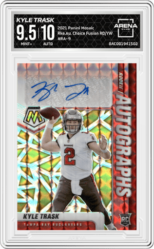 Kyle Trask from the 2021 Panini Mosaic set featuring a Choice Fusion Red & Yellow parallel graded by Arena Club and given an overall grade of 9.5.