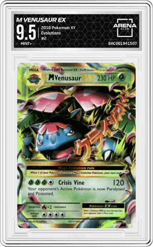 M Venusaur EX from the 2016 Pokemon XY set graded by Arena Club and given an overall grade of 9.5.