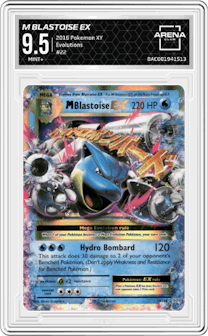 M Blastoise EX from the 2016 Pokemon XY set graded by Arena Club and given an overall grade of 9.5.
