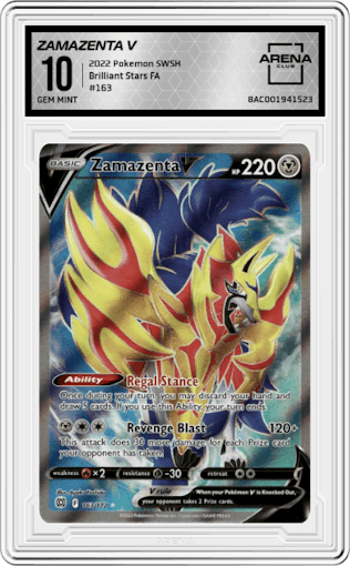 Zamazenta V from the 2022 Pokemon SWSH set graded by Arena Club and given an overall grade of 10.