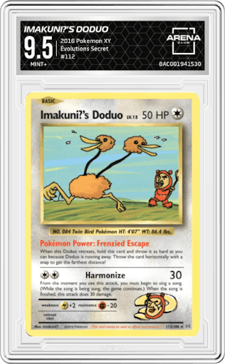 Imakuni?'s Doduo from the 2016 Pokemon XY set graded by Arena Club and given an overall grade of 9.5.