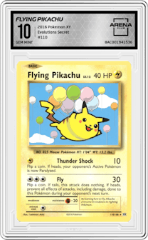 Flying Pikachu from the 2016 Pokemon XY set graded by Arena Club and given an overall grade of 10.