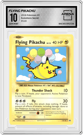 Flying Pikachu from the 2016 Pokemon XY set graded by Arena Club and given an overall grade of 10.