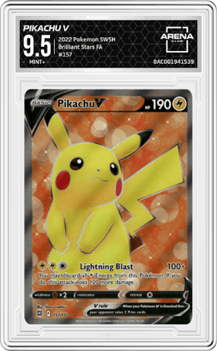 Pikachu V from the 2022 Pokemon SWSH set graded by Arena Club and given an overall grade of 9.5.