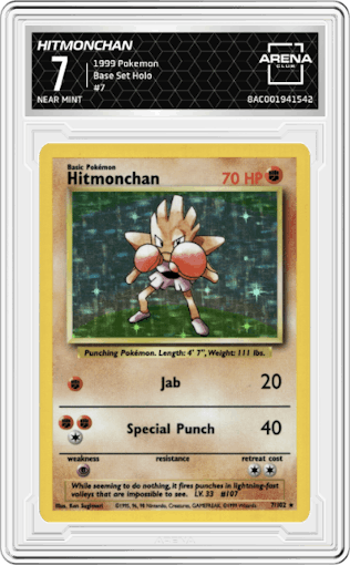 Hitmonchan from the 1999 Pokemon set graded by Arena Club and given an overall grade of 7.