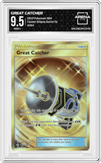 Great Catcher from the 2019 Pokemon S&M  set graded by Arena Club and given an overall grade of 9.5.