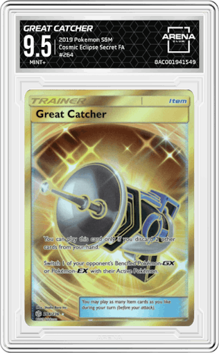 Great Catcher from the 2019 Pokemon S&M  set graded by Arena Club and given an overall grade of 9.5.