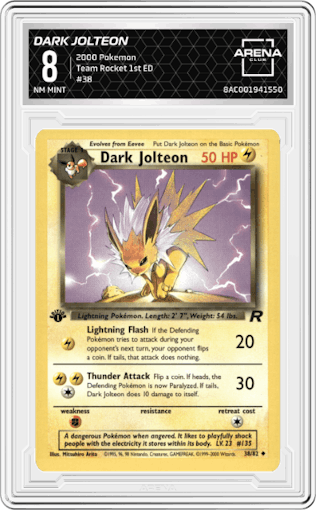 Dark Jolteon from the 2000 Pokemon set graded by Arena Club and given an overall grade of 8.