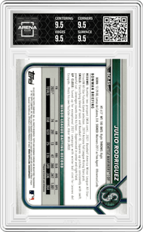 Julio Rodriguez from the 2022 Bowman Mega Box set graded by Arena Club and given an overall grade of 9.5.