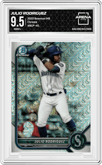 Julio Rodriguez from the 2022 Bowman Mega Box set graded by Arena Club and given an overall grade of 9.5.