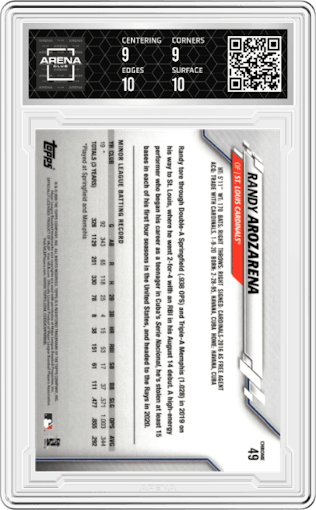 Randy Arozarena from the 2020 Topps Chrome set featuring a Prism Refractor parallel graded by Arena Club and given an overall grade of 9.5.