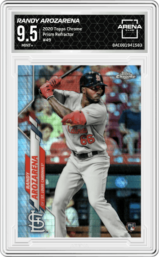 Randy Arozarena from the 2020 Topps Chrome set featuring a Prism Refractor parallel graded by Arena Club and given an overall grade of 9.5.