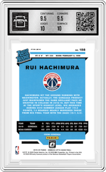 Rui Hachimura from the 2019-20 Panini Donruss Optic set featuring a Hyper Pink parallel graded by Arena Club and given an overall grade of 10.