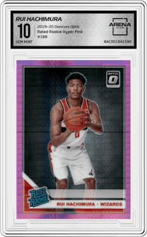 Rui Hachimura from the 2019-20 Panini Donruss Optic set featuring a Hyper Pink parallel graded by Arena Club and given an overall grade of 10.