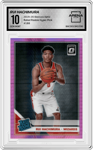 Rui Hachimura from the 2019-20 Panini Donruss Optic set featuring a Hyper Pink parallel graded by Arena Club and given an overall grade of 10.