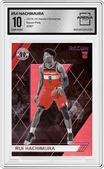 Rui Hachimura from the 2019-20 Panini Chronicles  set featuring a Pink parallel graded by Arena Club and given an overall grade of 10.