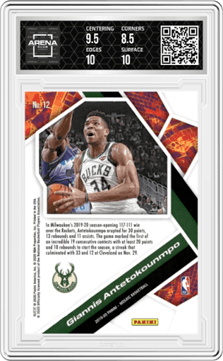 Giannis Antetokounmpo from the 2019-20 Panini Mosaic  set graded by Arena Club and given an overall grade of 9.