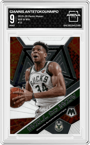 Giannis Antetokounmpo from the 2019-20 Panini Mosaic  set graded by Arena Club and given an overall grade of 9.
