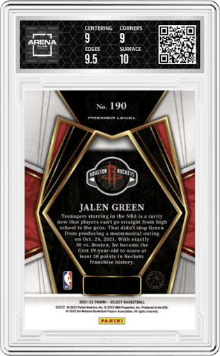 Jalen Green from the 2021-22 Panini Select set featuring a Blue Retail parallel graded by Arena Club and given an overall grade of 9.5.