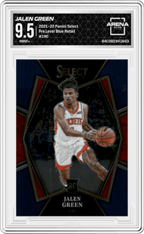 Jalen Green from the 2021-22 Panini Select set featuring a Blue Retail parallel graded by Arena Club and given an overall grade of 9.5.