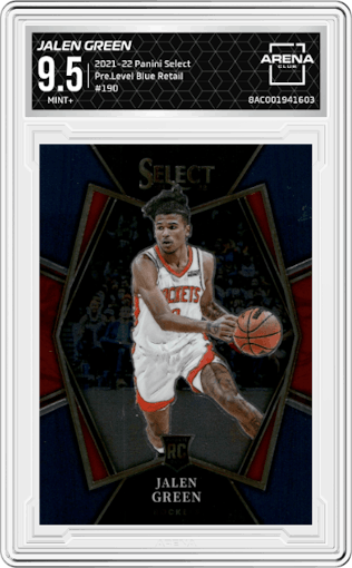 Jalen Green from the 2021-22 Panini Select set featuring a Blue Retail parallel graded by Arena Club and given an overall grade of 9.5.