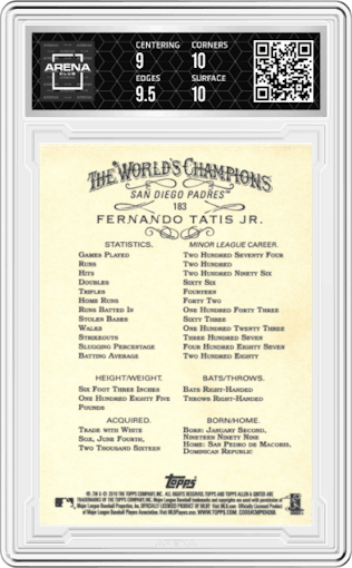 Fernando Tatis Jr. from the 2019 Topps Allen & Ginter set graded by Arena Club and given an overall grade of 9.5.