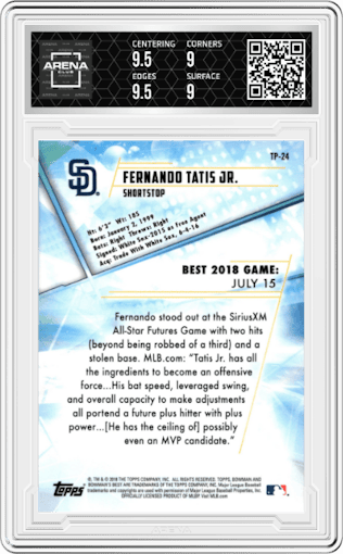 Fernando Tatis Jr. from the 2018 Bowman’s Best set graded by Arena Club and given an overall grade of 9.5.