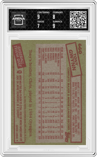 Tony Gwynn from the 1985 Topps set graded by Arena Club and given an overall grade of 7.5.