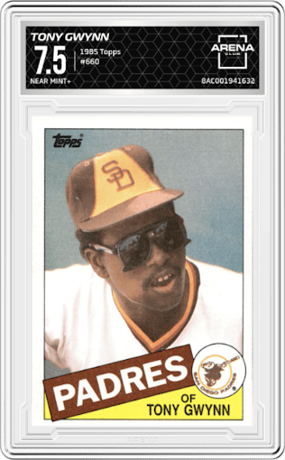 Tony Gwynn from the 1985 Topps set graded by Arena Club and given an overall grade of 7.5.