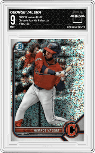 George Valera from the 2022 Bowman Draft set featuring a Sparkle Refractor parallel graded by Arena Club and given an overall grade of 9.
