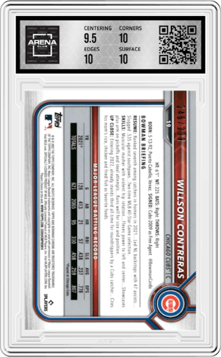 Willson Contreras from the 2022 Bowman Chrome set featuring a Fuchsia Refractor parallel graded by Arena Club and given an overall grade of 10.