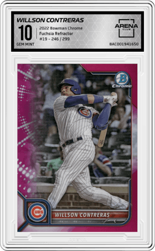 Willson Contreras from the 2022 Bowman Chrome set featuring a Fuchsia Refractor parallel graded by Arena Club and given an overall grade of 10.