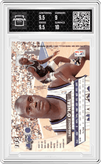 Shaquille O'Neal from the 1993-94 Fleer Ultra set graded by Arena Club and given an overall grade of 9.5.